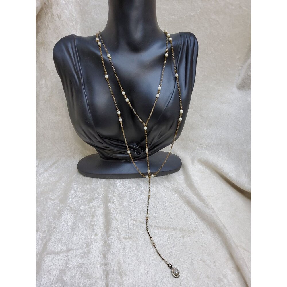 Vintage Charming Charlie Goldtone Faux Pearl and Rhinestone Double Strand Y Neck